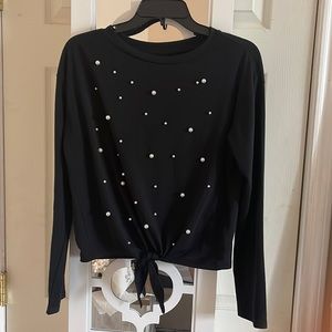 Pearl embellished long sleeve crop top